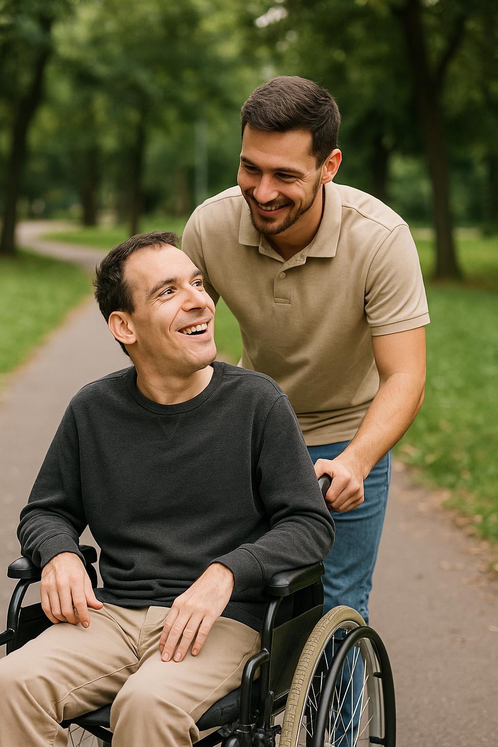 A person with cerebral palsy in a wheelchair with a supportive male carer wearing an Infinite Care logo shirt